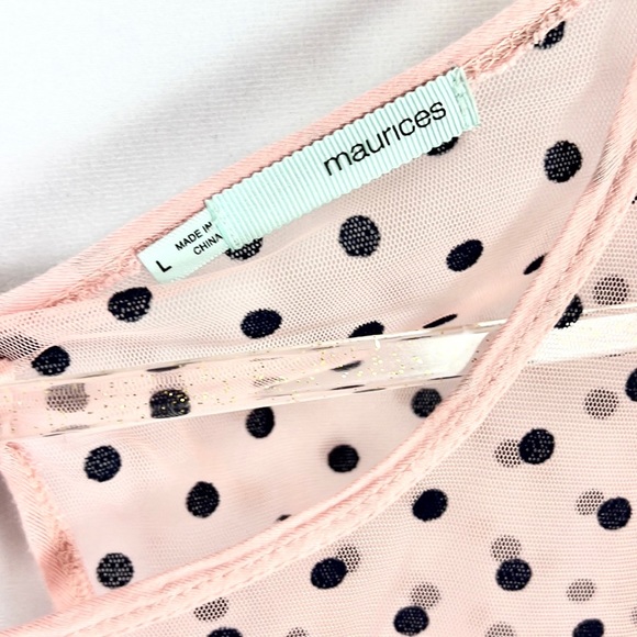 MAURICES |🎀Light Pink Navy Blue Polka Dots Long-Sleeved Sheer Mesh Shirt Blouse - Picture 4 of 8